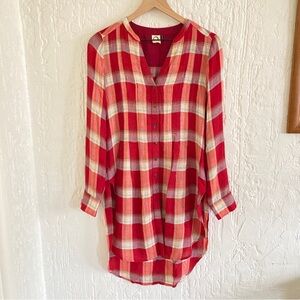 Anthropologie Akemi + Kin Red Flannel Print Button Down Shirt Dress Size XS